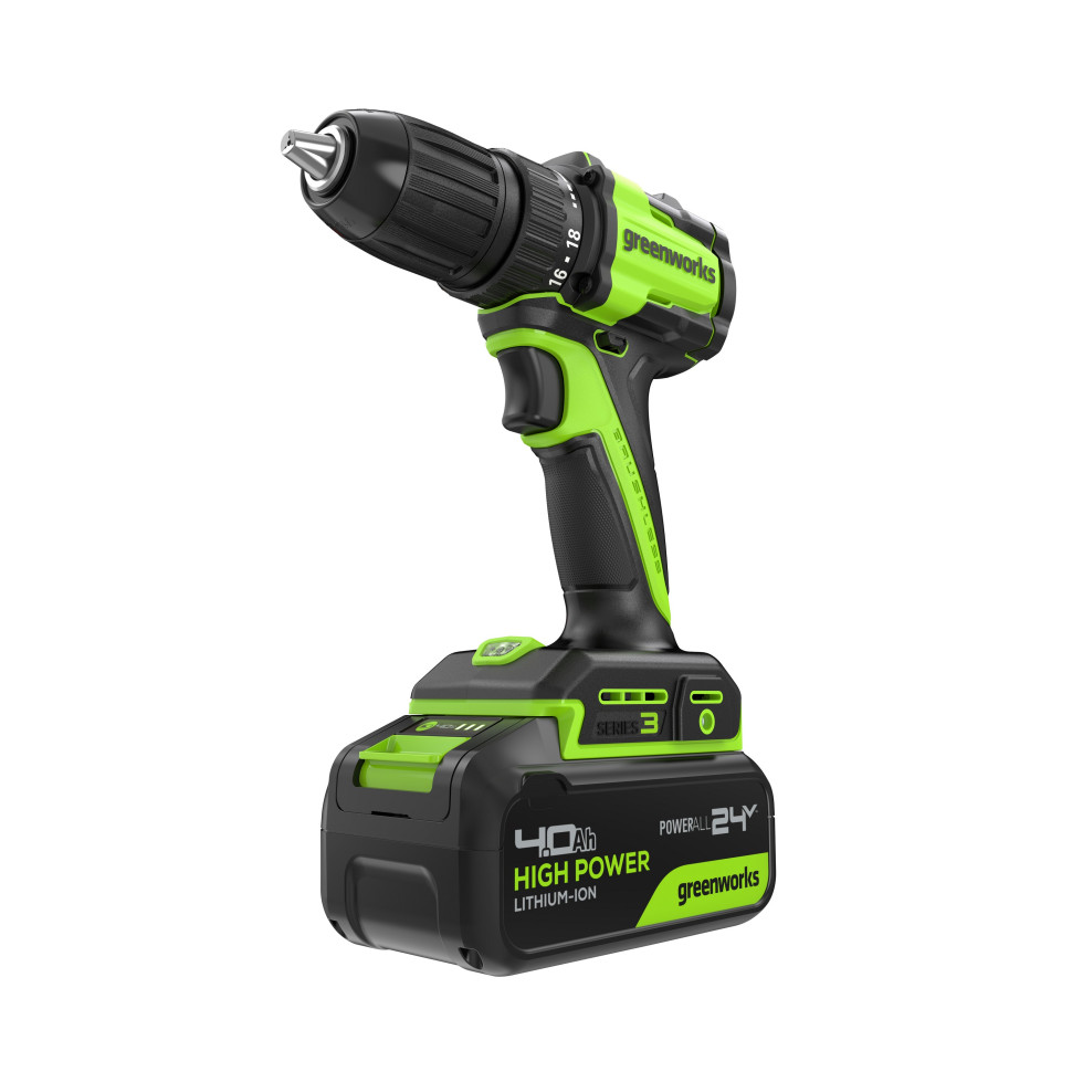 Дрель-шуруповерт акк. Greenworks DD345, 24V, б/щет, 27/45 Нм, 0-450 / 0-1850 об/мин, 13мм, 1х4Ач, ЗУ, коробка