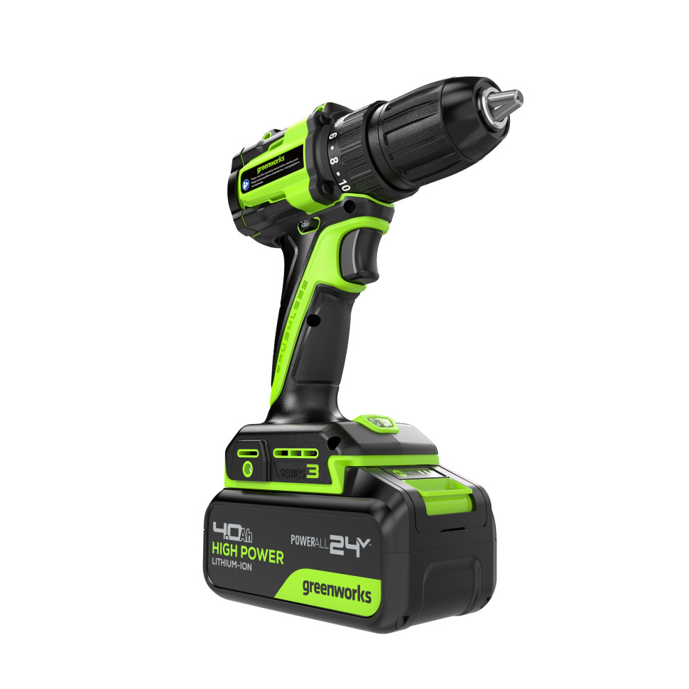 Дрель-шуруповерт акк. Greenworks DD345, 24V, б/щет, 27/45 Нм, 0-450 / 0-1850 об/мин, 13мм, 1х4Ач, ЗУ, коробка