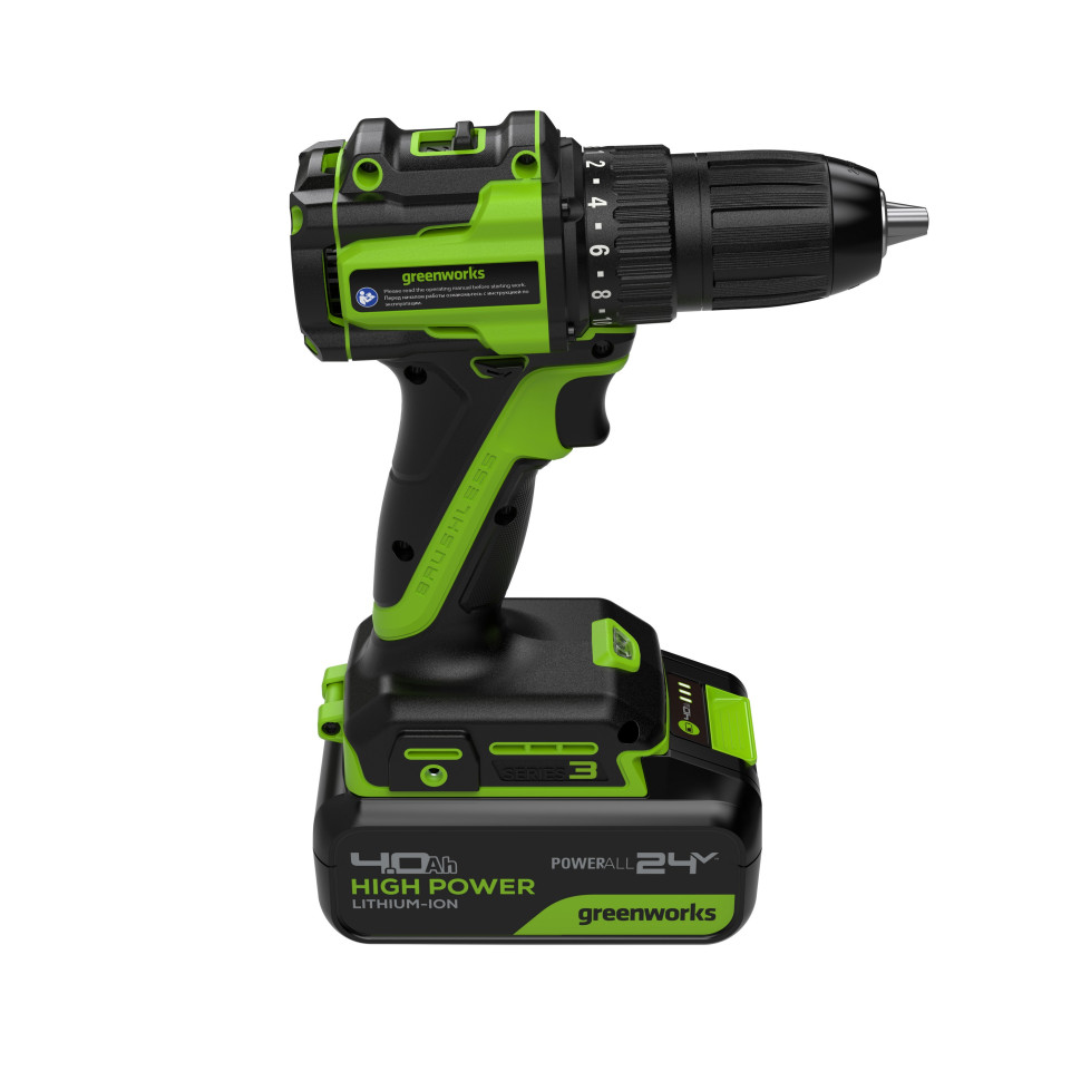 Дрель-шуруповерт акк. Greenworks DD345, 24V, б/щет, 27/45 Нм, 0-450 / 0-1850 об/мин, 13мм, 1х4Ач, ЗУ, коробка