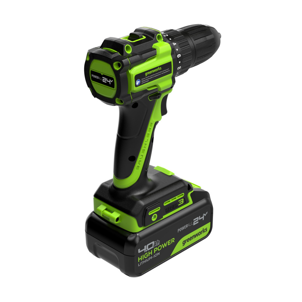 Дрель-шуруповерт акк. Greenworks DD345, 24V, б/щет, 27/45 Нм, 0-450 / 0-1850 об/мин, 13мм, 1х4Ач, ЗУ, коробка