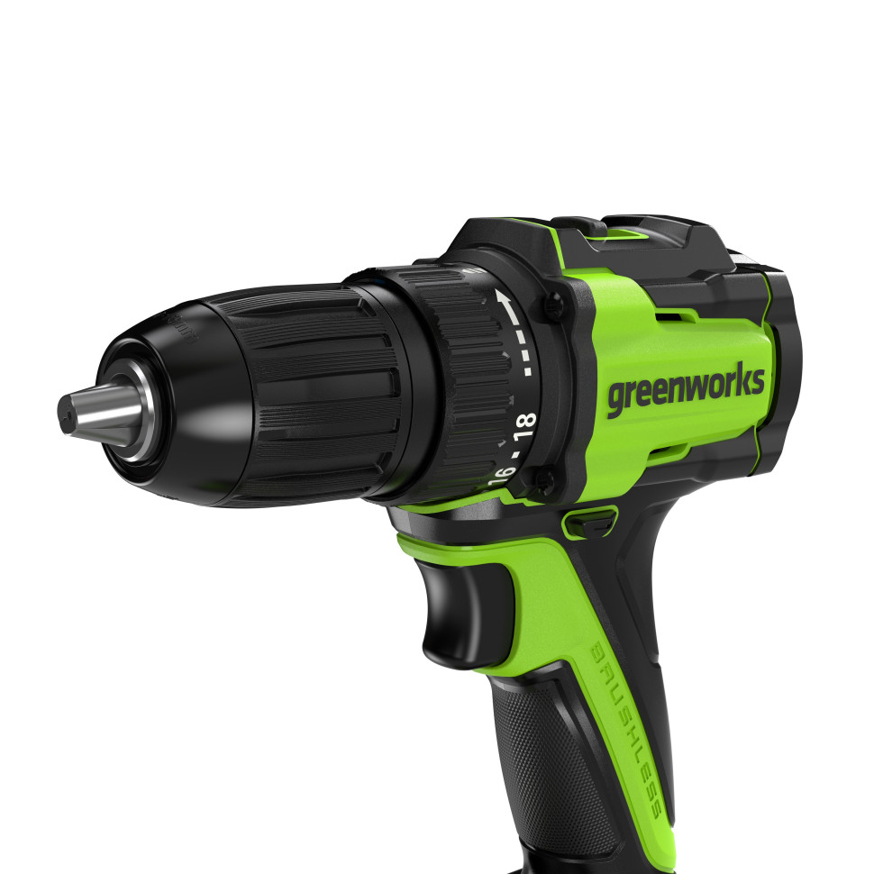 Дрель-шуруповерт акк. Greenworks DD345, 24V, б/щет, 27/45 Нм, 0-450 / 0-1850 об/мин, 13мм, 1х4Ач, ЗУ, коробка
