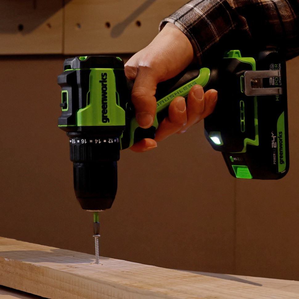 Дрель-шуруповерт акк. Greenworks DD345, 24V, б/щет, 27/45 Нм, 0-450 / 0-1850 об/мин, 13мм, 1х4Ач, ЗУ, коробка
