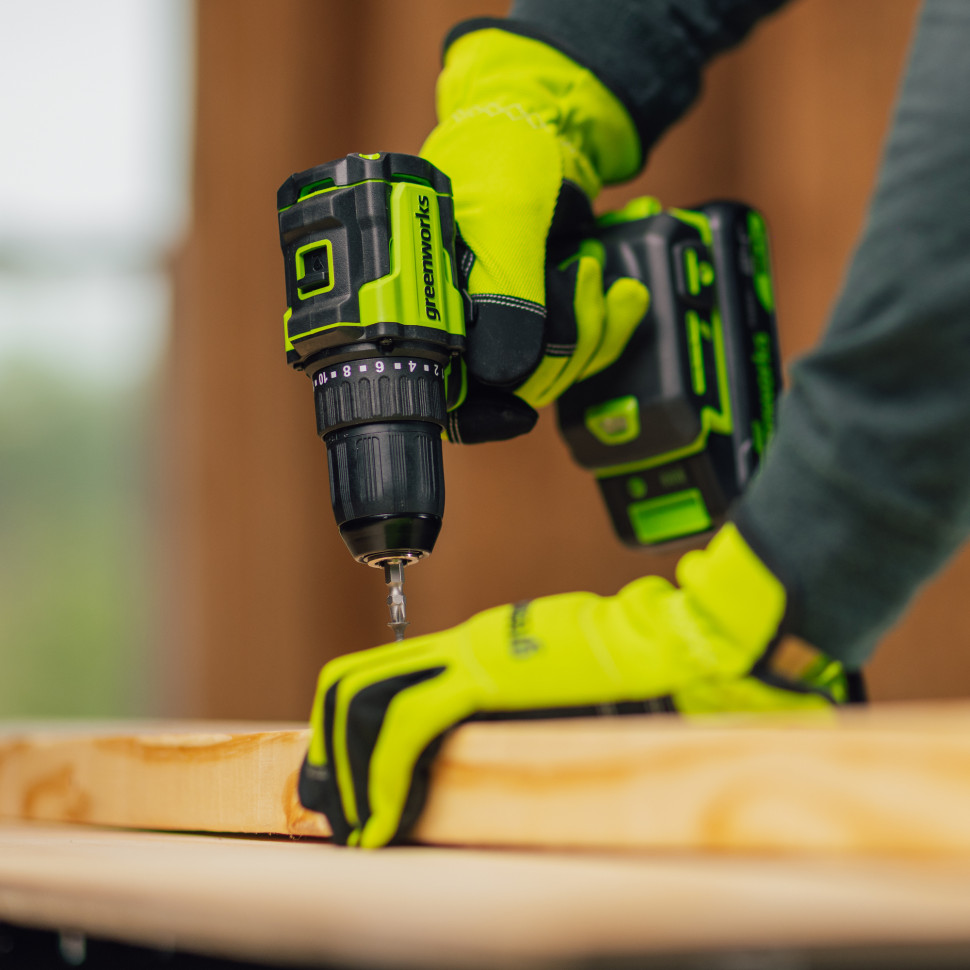Дрель-шуруповерт акк. Greenworks DD345, 24V, б/щет, 27/45 Нм, 0-450 / 0-1850 об/мин, 13мм, 1х4Ач, ЗУ, коробка