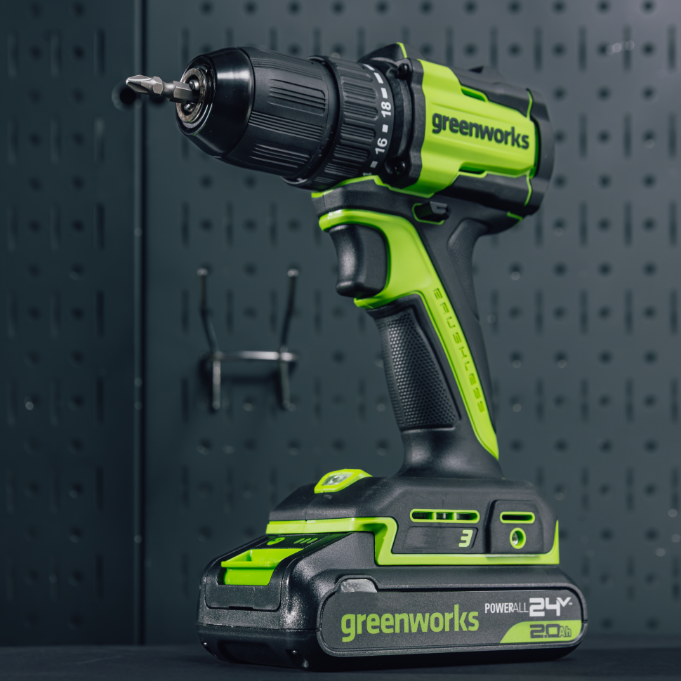 Дрель-шуруповерт акк. Greenworks DD345, 24V, б/щет, 27/45 Нм,13мм,2х2Ач,ЗУ,коробка