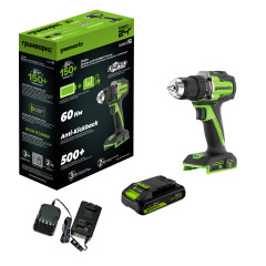 Дрель-шуруповерт акк. Greenworks DD560, 24V, б/щет, 30/60 Нм,13мм, Anti-kickback,1х2Ач,ЗУ,коробка