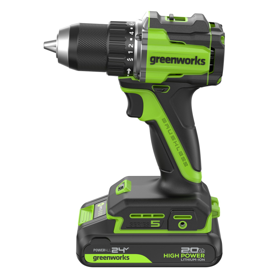 Дрель-шуруповерт акк. Greenworks DD560, 24V, б/щет, 30/60 Нм,13мм, Anti-kickback,1х2Ач,ЗУ,коробка