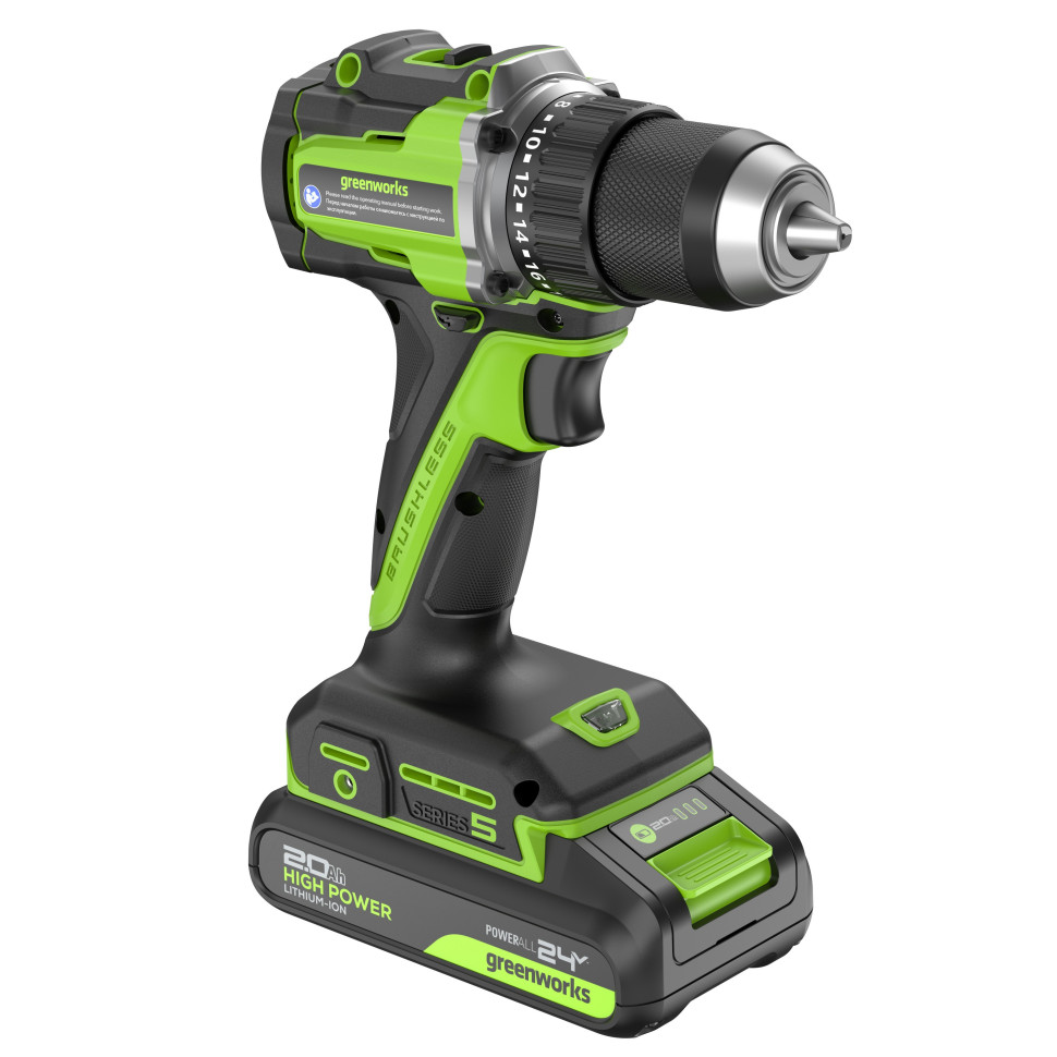 Дрель-шуруповерт акк. Greenworks DD560, 24V, б/щет, 30/60 Нм,13мм, Anti-kickback,1х2Ач,ЗУ,коробка