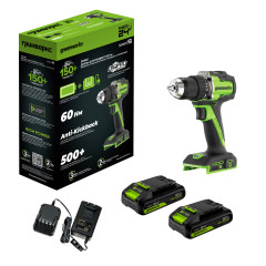 Дрель-шуруповерт акк. Greenworks DD560, 24V, б/щет, 30/60 Нм,13мм, Anti-kickback,2х2Ач,ЗУ,коробка