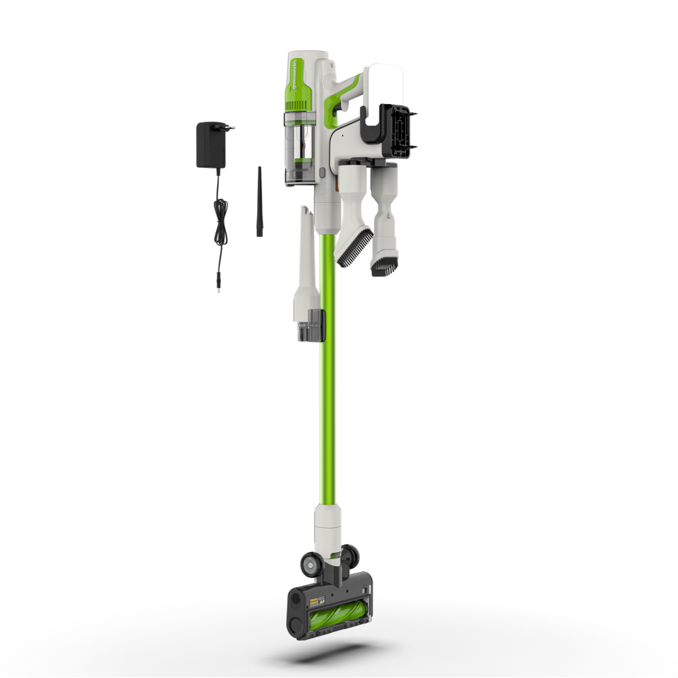 Аккумуляторный вертикальный пылесос Greenworks SV24532, 24v, 350 Вт, 21 кПа, 4 насадки, белый+зеленый, без АКБ с ЗУ