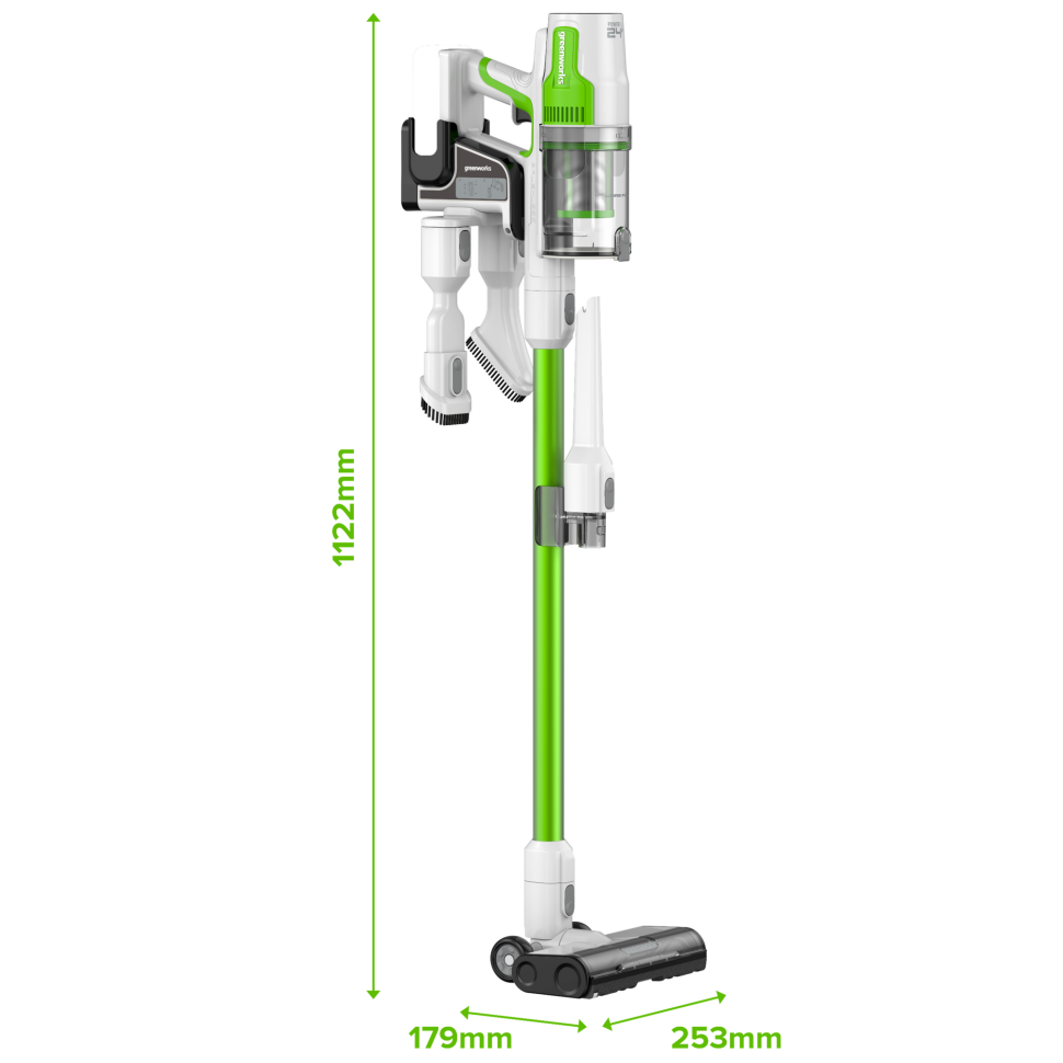 Аккумуляторный вертикальный пылесос Greenworks SV24532, 24v, 350 Вт, 21 кПа, 4 насадки, белый+зеленый, без АКБ с ЗУ