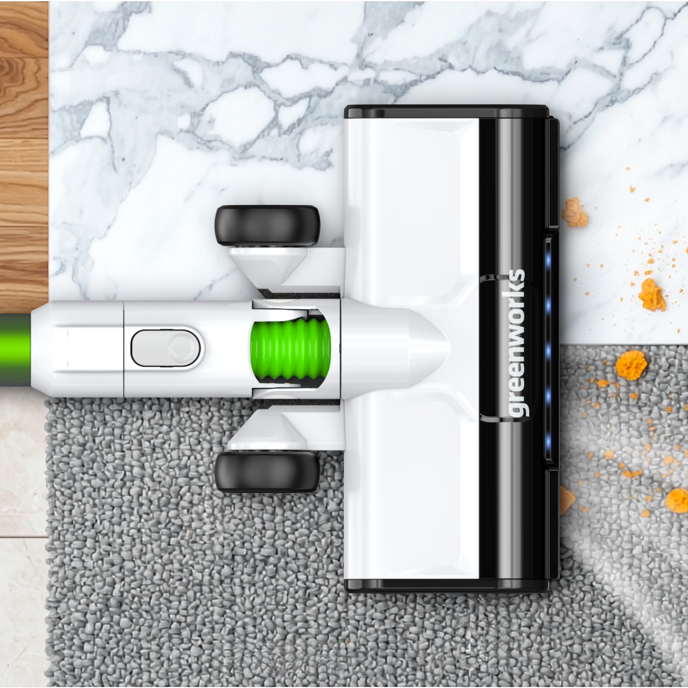 Аккумуляторный вертикальный пылесос Greenworks SV24532, 24v, 350 Вт, 21 кПа, 4 насадки, белый+зеленый, без АКБ с ЗУ