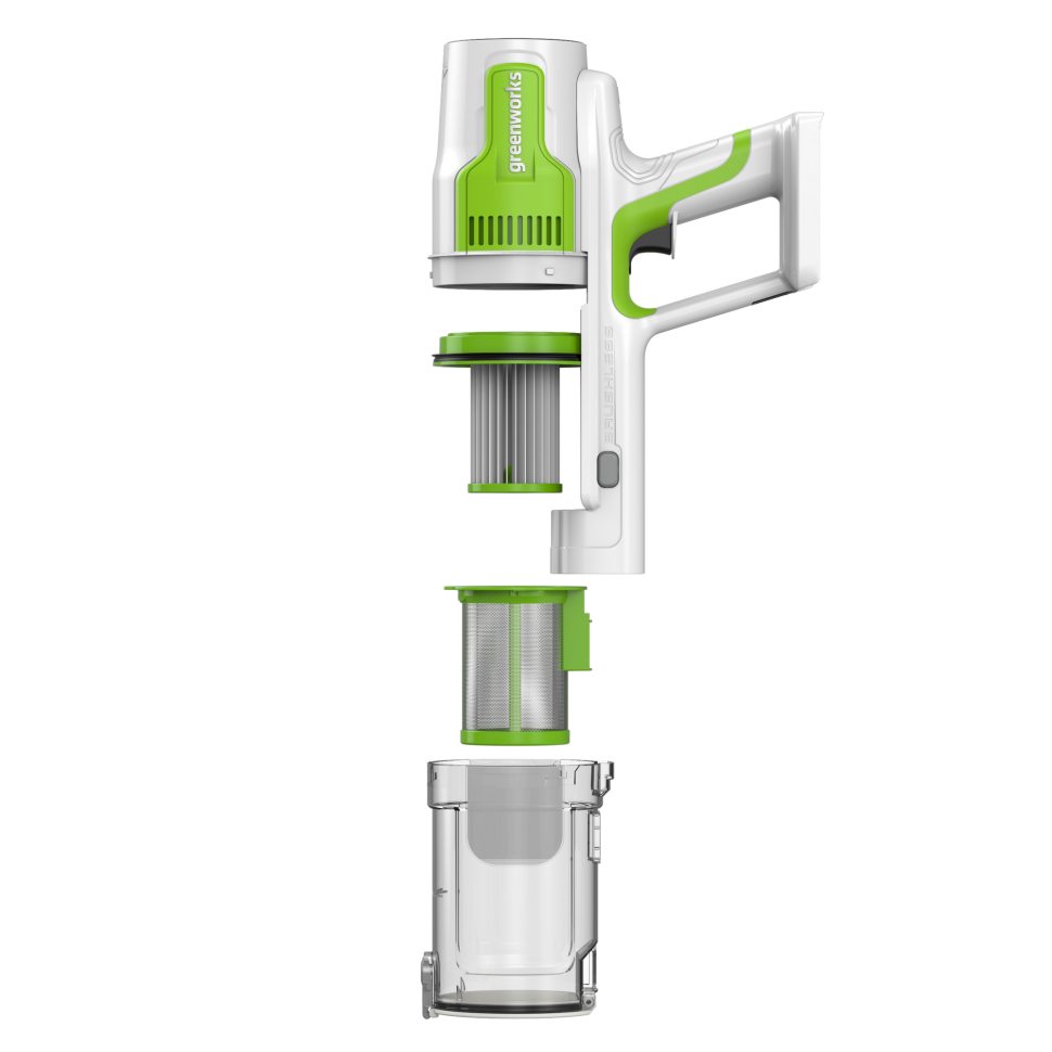 Аккумуляторный вертикальный пылесос Greenworks SV24532, 24v, 350 Вт, 21 кПа, 4 насадки, белый+зеленый, без АКБ с ЗУ