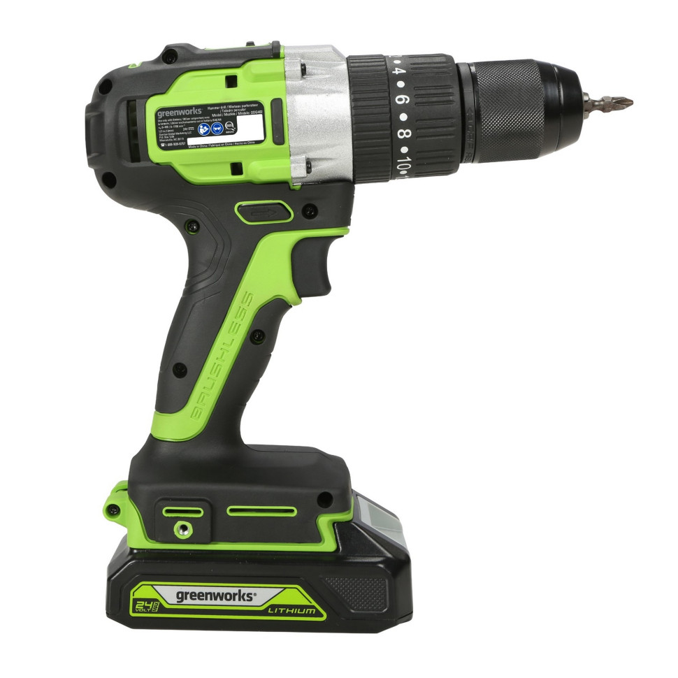 Ударная дрель-шуруповерт Greenworks GD24DD60k2, 24v, 60 Нм, в комплекте АКБ 2 А·ч и ЗУ (аккумуляторная, кейс)