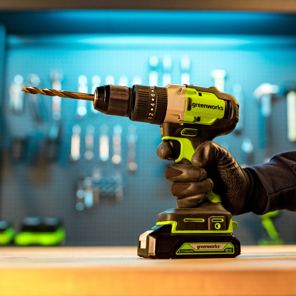 Ударная дрель-шуруповерт Greenworks GD24DD60k2, 24v, 60 Нм, в комплекте АКБ 2 А·ч и ЗУ (аккумуляторная, кейс)