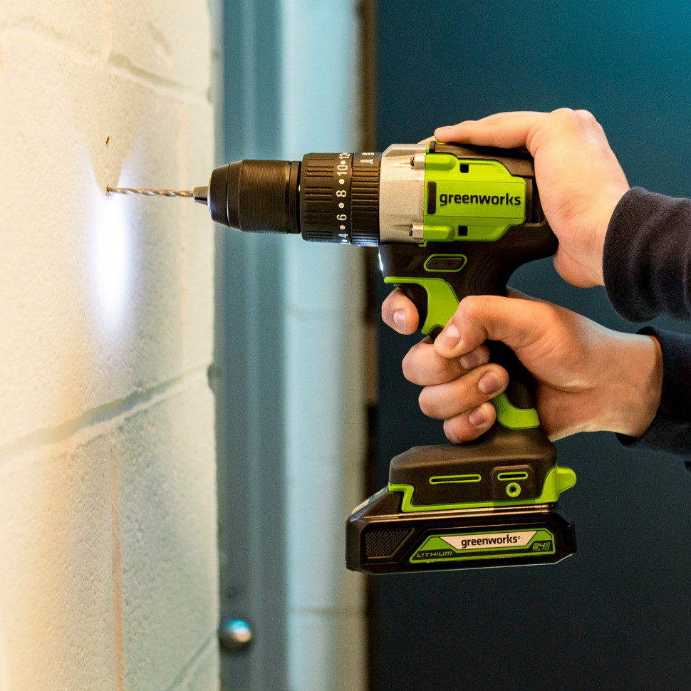 Ударная дрель-шуруповерт Greenworks GD24DD60k2, 24v, 60 Нм, в комплекте АКБ 2 А·ч и ЗУ (аккумуляторная, кейс)