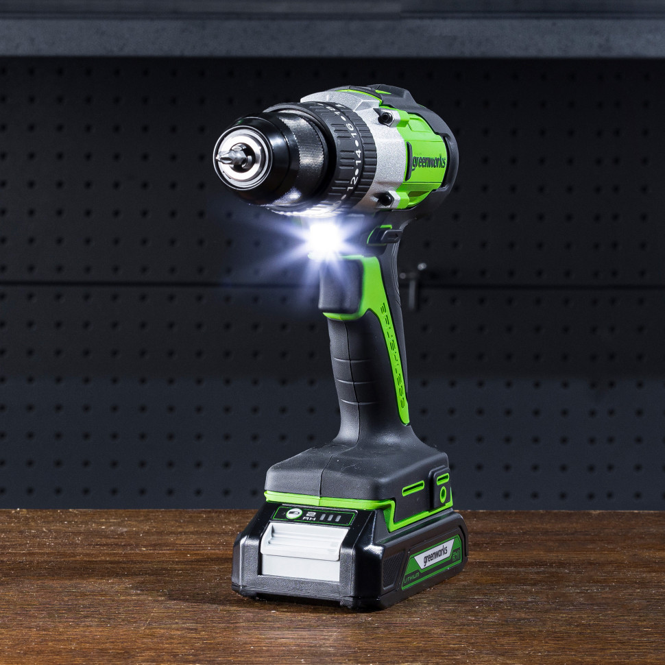 Ударная дрель-шуруповерт Greenworks GD24DD60k2, 24v, 60 Нм, в комплекте АКБ 2 А·ч и ЗУ (аккумуляторная, кейс)