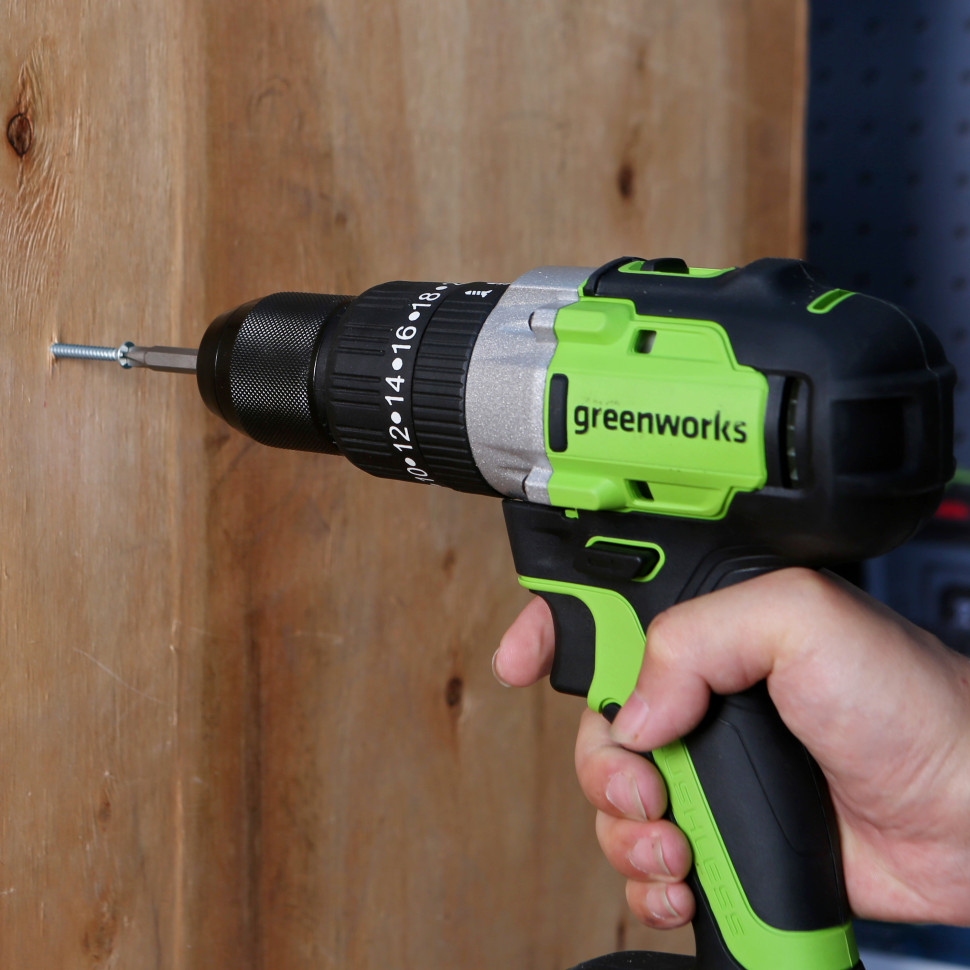 Ударная дрель-шуруповерт Greenworks GD24DD60k2, 24v, 60 Нм, в комплекте АКБ 2 А·ч и ЗУ (аккумуляторная, кейс)