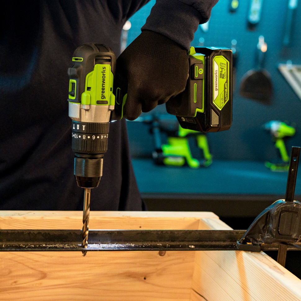 Ударная дрель-шуруповерт Greenworks GD24DD60k2, 24v, 60 Нм, в комплекте АКБ 2 А·ч и ЗУ (аккумуляторная, кейс)