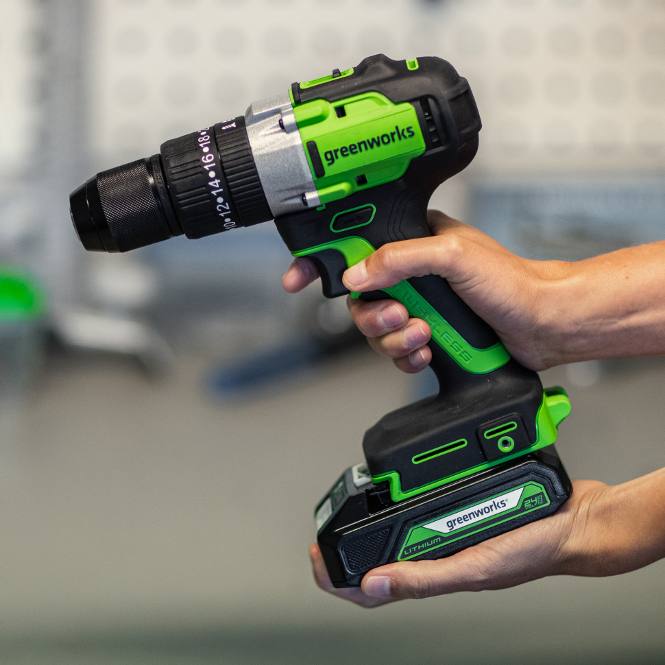 Ударная дрель-шуруповерт Greenworks GD24DD60k2, 24v, 60 Нм, в комплекте АКБ 2 А·ч и ЗУ (аккумуляторная, кейс)
