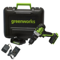 Ударная дрель-шуруповерт Greenworks GD24DD60k2, 24v, 60 Нм, в комплекте АКБ 2 А·ч и ЗУ (аккумуляторная, кейс)