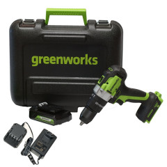 Ударная дрель-шуруповерт Greenworks GD24DD60k2, 24v, 60 Нм, в комплекте АКБ 2 А·ч и ЗУ (аккумуляторная, кейс)