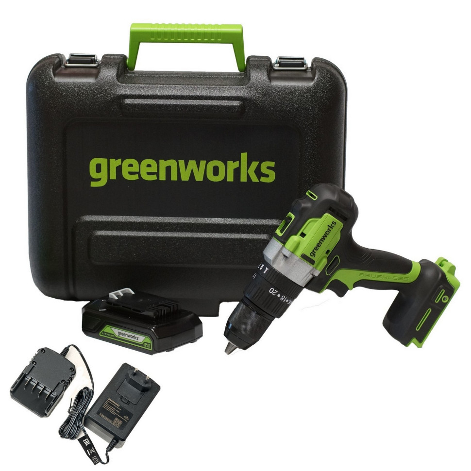 Ударная дрель-шуруповерт Greenworks GD24DD60k2, 24v, 60 Нм, в комплекте АКБ 2 А·ч и ЗУ (аккумуляторная, кейс)