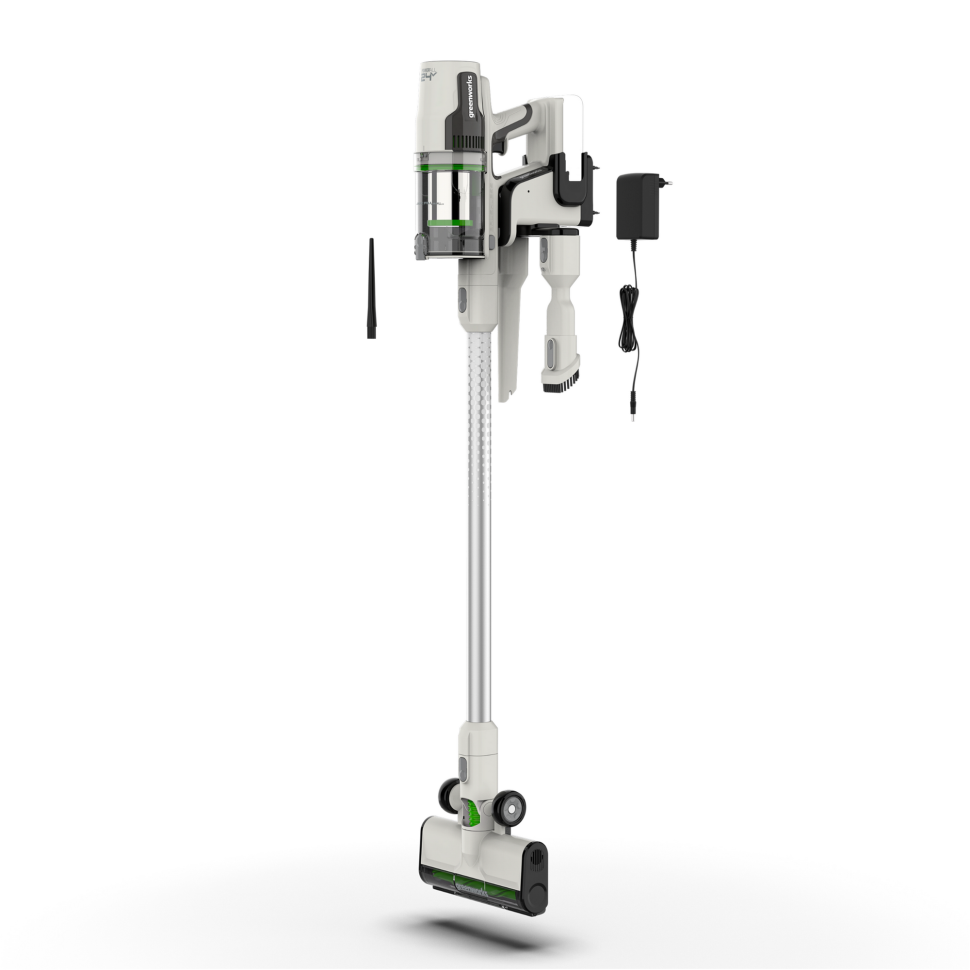 Аккумуляторный вертикальный пылесос Greenworks SV24360, 24v, 250 Вт, 17 кПа, электрощетка, 2 насадки, белый+серебро, без АКБ и ЗУ