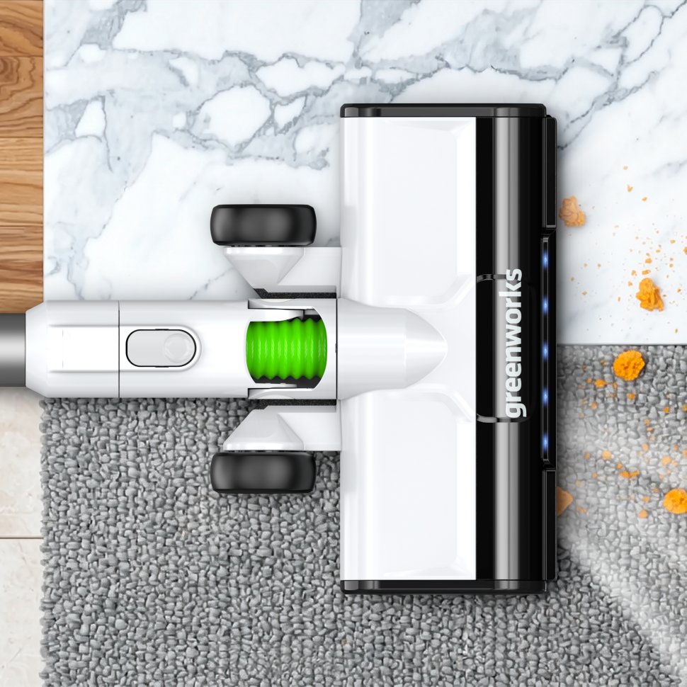 Аккумуляторный вертикальный пылесос Greenworks SV24360, 24v, 250 Вт, 17 кПа, электрощетка, 2 насадки, белый+серебро, без АКБ и ЗУ