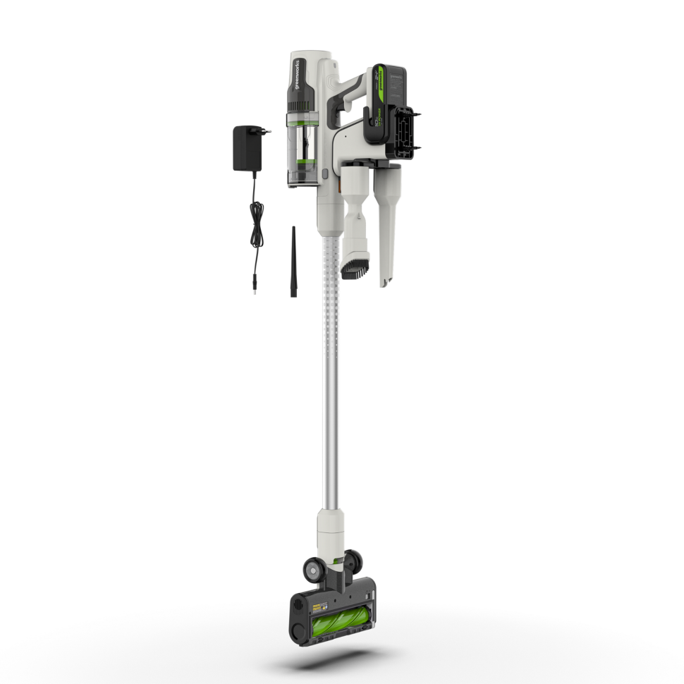 Аккумуляторный вертикальный пылесос Greenworks SV24360k2, 24v, 250 Вт, 17 кПа, 3 насадки, белый+серебро, в комплекте с АКБ 2 А·ч и ЗУ