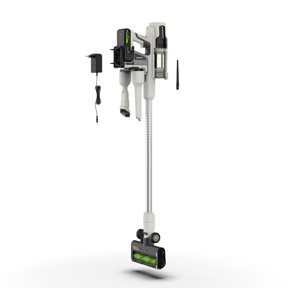 Аккумуляторный вертикальный пылесос Greenworks SV24360k2, 24v, 250 Вт, 17 кПа, 3 насадки, белый+серебро, в комплекте с АКБ 2 А·ч и ЗУ