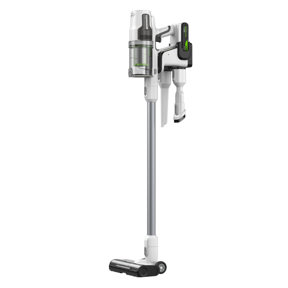 Аккумуляторный вертикальный пылесос Greenworks SV24360k2, 24v, 250 Вт, 17 кПа, 3 насадки, белый+серебро, в комплекте с АКБ 2 А·ч и ЗУ