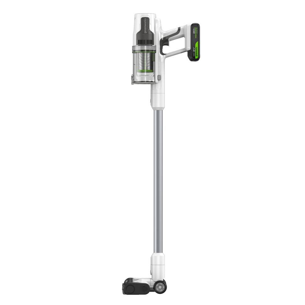 Аккумуляторный вертикальный пылесос Greenworks SV24360k2, 24v, 250 Вт, 17 кПа, 3 насадки, белый+серебро, в комплекте с АКБ 2 А·ч и ЗУ
