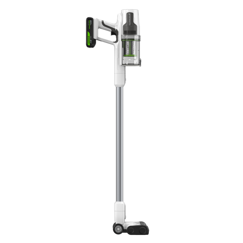 Аккумуляторный вертикальный пылесос Greenworks SV24360k2, 24v, 250 Вт, 17 кПа, 3 насадки, белый+серебро, в комплекте с АКБ 2 А·ч и ЗУ