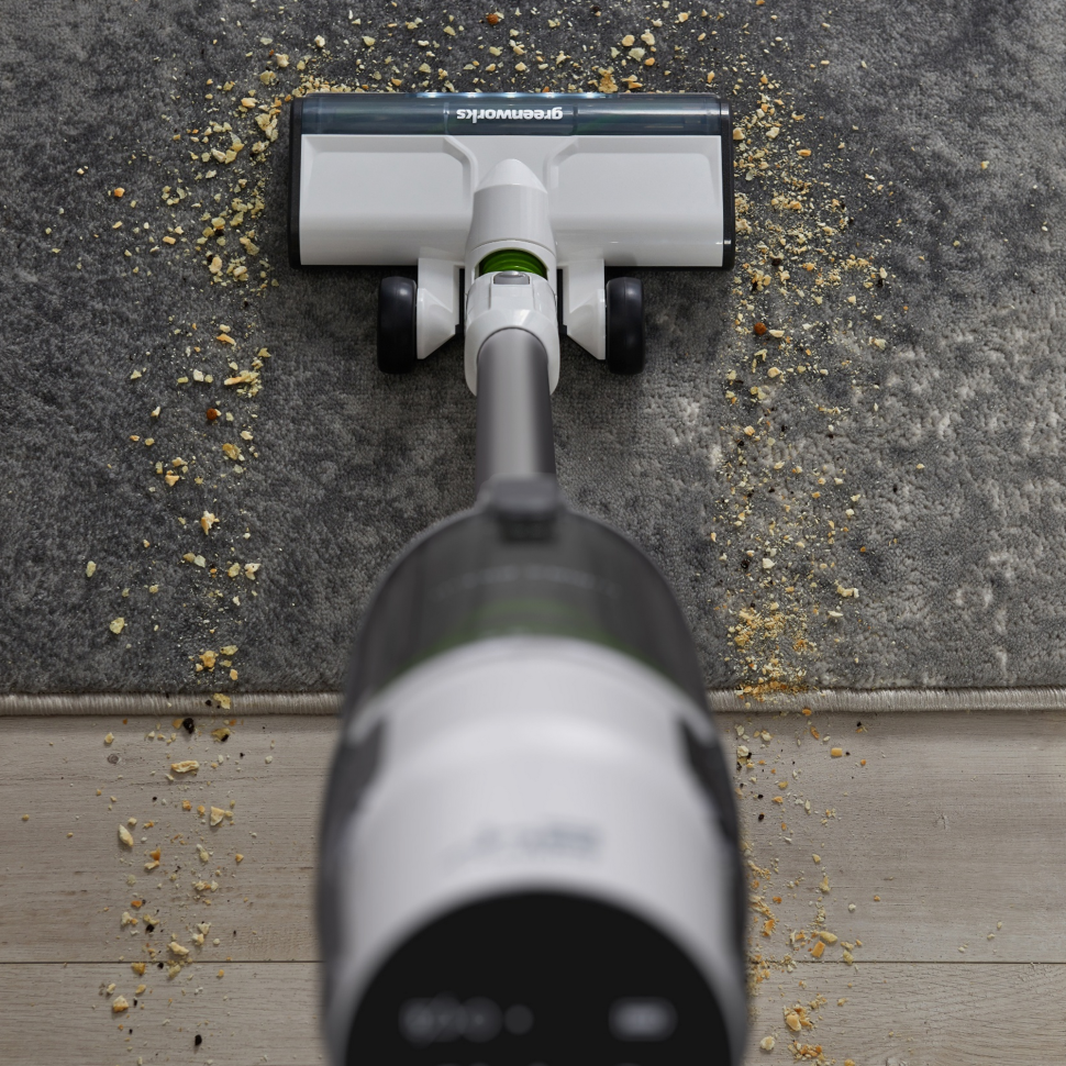 Аккумуляторный вертикальный пылесос Greenworks SV24360k2, 24v, 250 Вт, 17 кПа, 3 насадки, белый+серебро, в комплекте с АКБ 2 А·ч и ЗУ