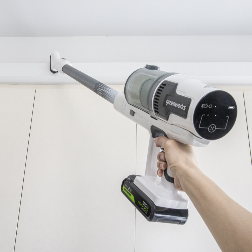 Аккумуляторный вертикальный пылесос Greenworks SV24360k2, 24v, 250 Вт, 17 кПа, 3 насадки, белый+серебро, в комплекте с АКБ 2 А·ч и ЗУ