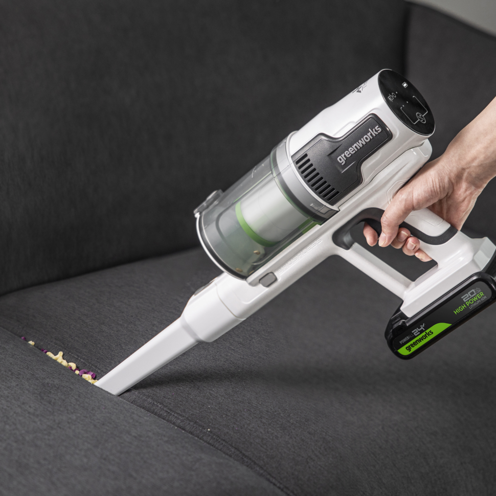 Аккумуляторный вертикальный пылесос Greenworks SV24360k2, 24v, 250 Вт, 17 кПа, 3 насадки, белый+серебро, в комплекте с АКБ 2 А·ч и ЗУ