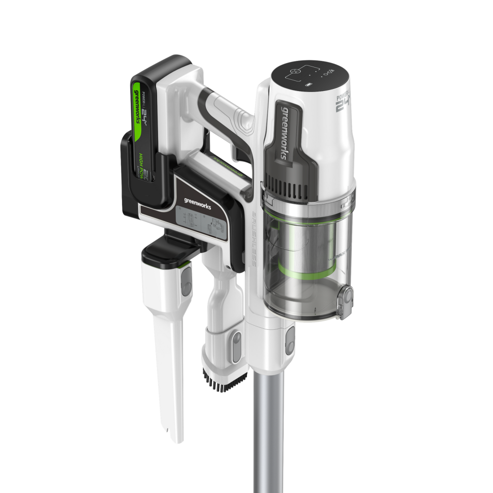 Аккумуляторный вертикальный пылесос Greenworks SV24360k2, 24v, 250 Вт, 17 кПа, 3 насадки, белый+серебро, в комплекте с АКБ 2 А·ч и ЗУ