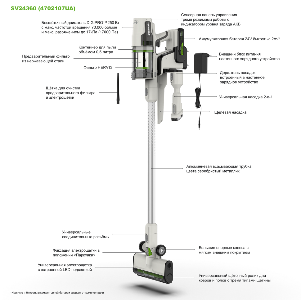 Аккумуляторный вертикальный пылесос Greenworks SV24360k2, 24v, 250 Вт, 17 кПа, 3 насадки, белый+серебро, в комплекте с АКБ 2 А·ч и ЗУ