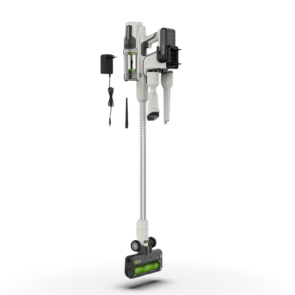 Аккумуляторный вертикальный пылесос Greenworks SV24360k4, 24v, 250 Вт, 17 кПа, 3 насадки, белый+серебро, в комплекте с АКБ 4 А·ч и ЗУ