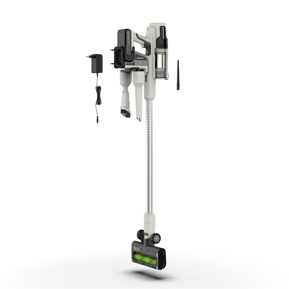 Аккумуляторный вертикальный пылесос Greenworks SV24360k4, 24v, 250 Вт, 17 кПа, 3 насадки, белый+серебро, в комплекте с АКБ 4 А·ч и ЗУ