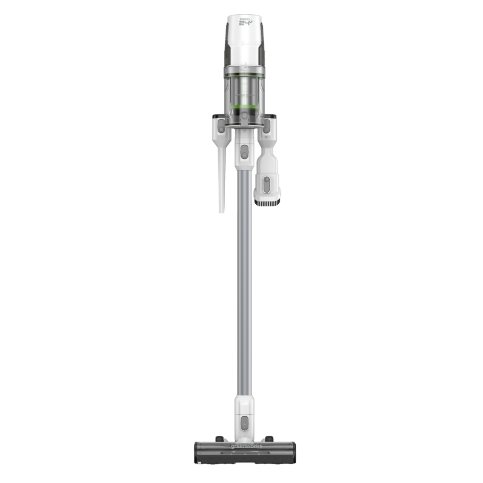 Аккумуляторный вертикальный пылесос Greenworks SV24360k4, 24v, 250 Вт, 17 кПа, 3 насадки, белый+серебро, в комплекте с АКБ 4 А·ч и ЗУ
