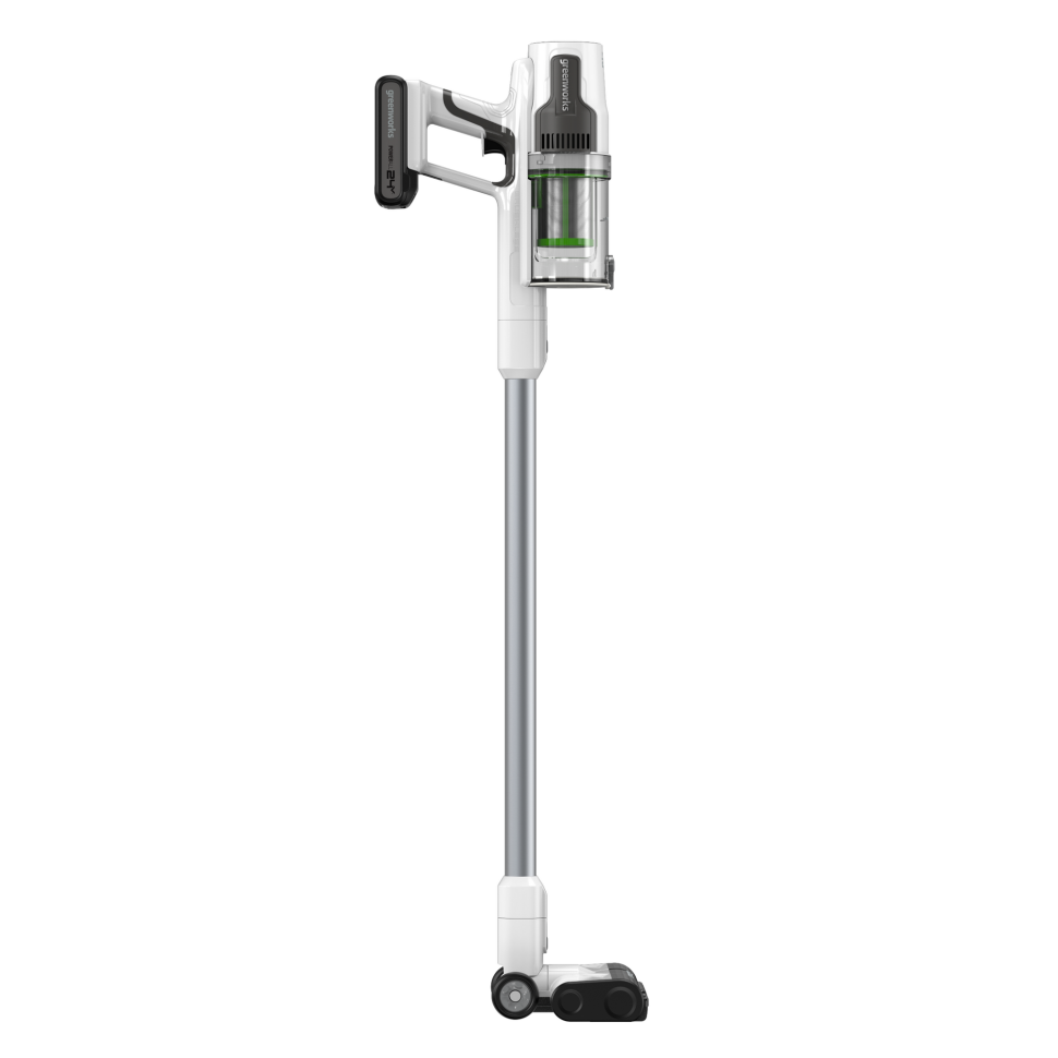 Аккумуляторный вертикальный пылесос Greenworks SV24360k4, 24v, 250 Вт, 17 кПа, 3 насадки, белый+серебро, в комплекте с АКБ 4 А·ч и ЗУ