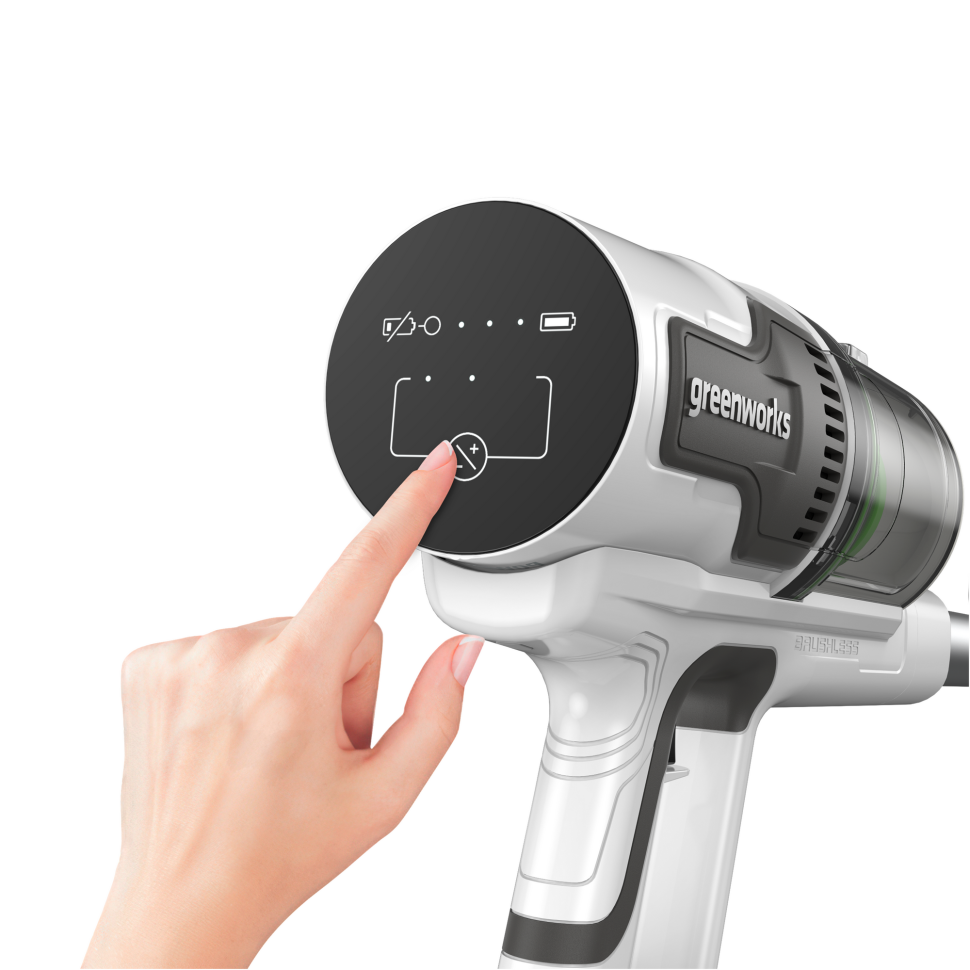 Аккумуляторный вертикальный пылесос Greenworks SV24360k4, 24v, 250 Вт, 17 кПа, 3 насадки, белый+серебро, в комплекте с АКБ 4 А·ч и ЗУ