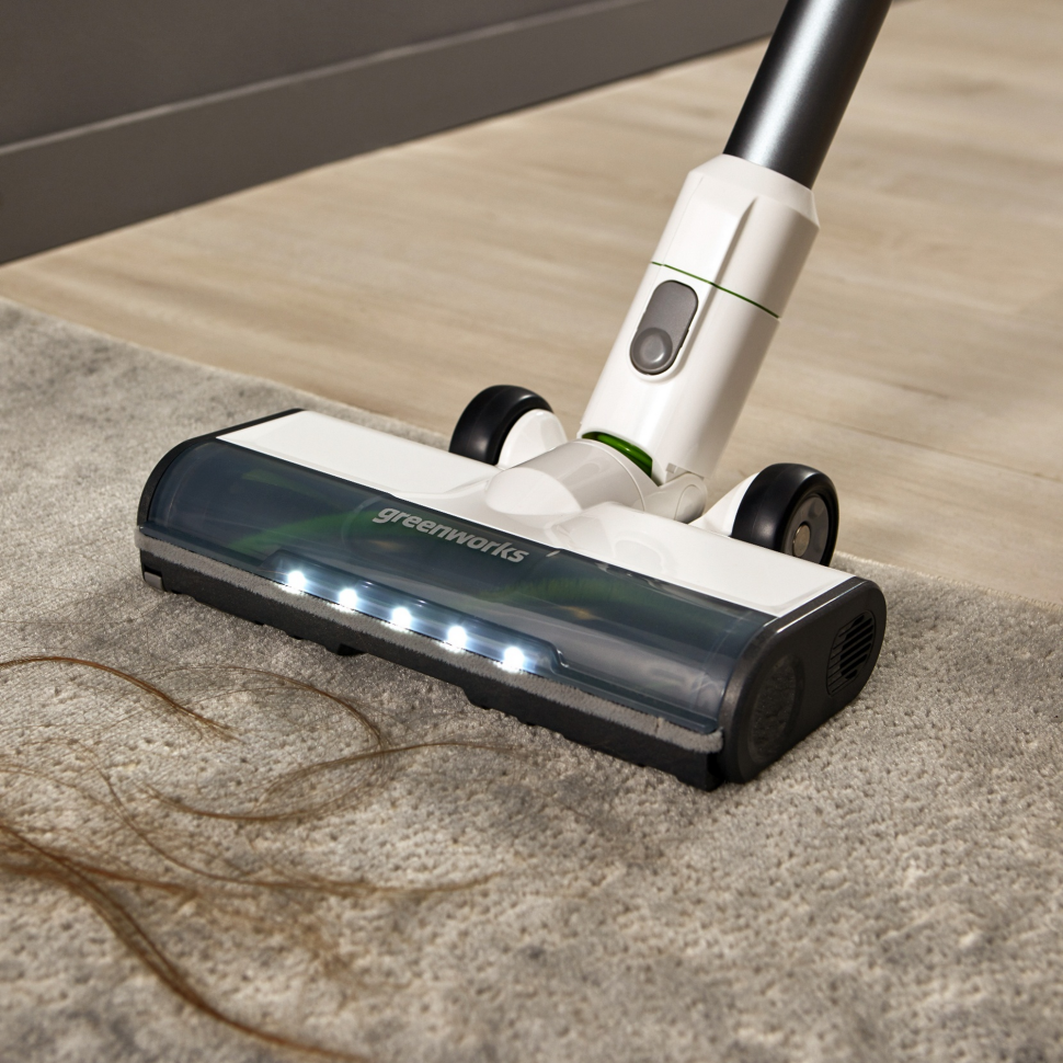 Аккумуляторный вертикальный пылесос Greenworks SV24360k4, 24v, 250 Вт, 17 кПа, 3 насадки, белый+серебро, в комплекте с АКБ 4 А·ч и ЗУ