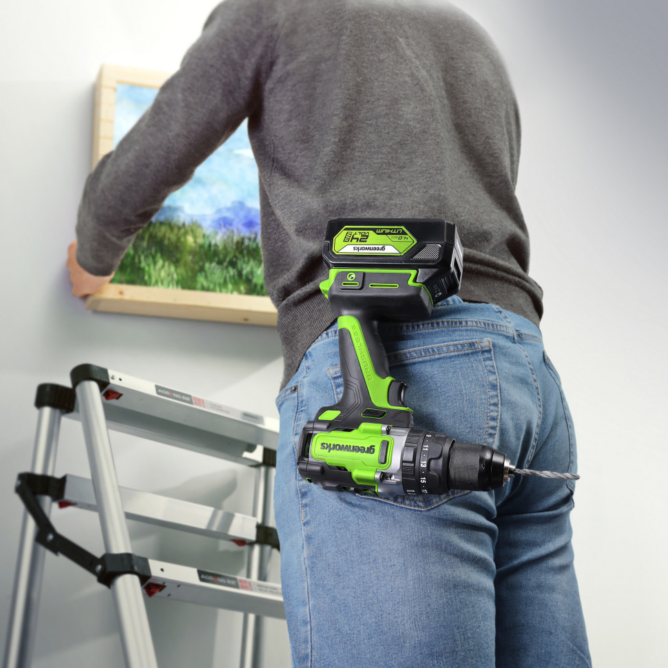 Аккумуляторная ударная дрель-шуруповерт Greenworks GD24DD140k4, 24v, 140 Нм, Anti-kickback, в комплекте АКБ 4 А·ч и ЗУ