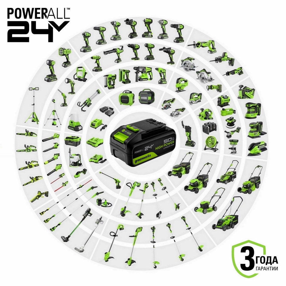 Аккумуляторная газонокосилка Greenworks GD24LM331k5, 24v, нож 33 см, (720 Вт, 0.98 л.с.), в комплекте с АКБ 5 А·ч и ЗУ