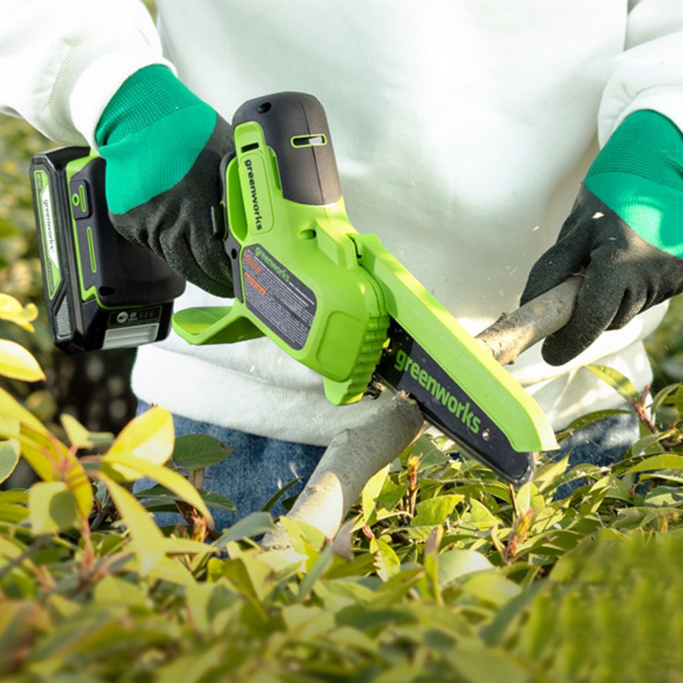 Цепная пила Greenworks GD24CSMNXk2, 24v, 15 см, в комплекте с АКБ 2 А·ч и ЗУ (аккумуляторная, мини)