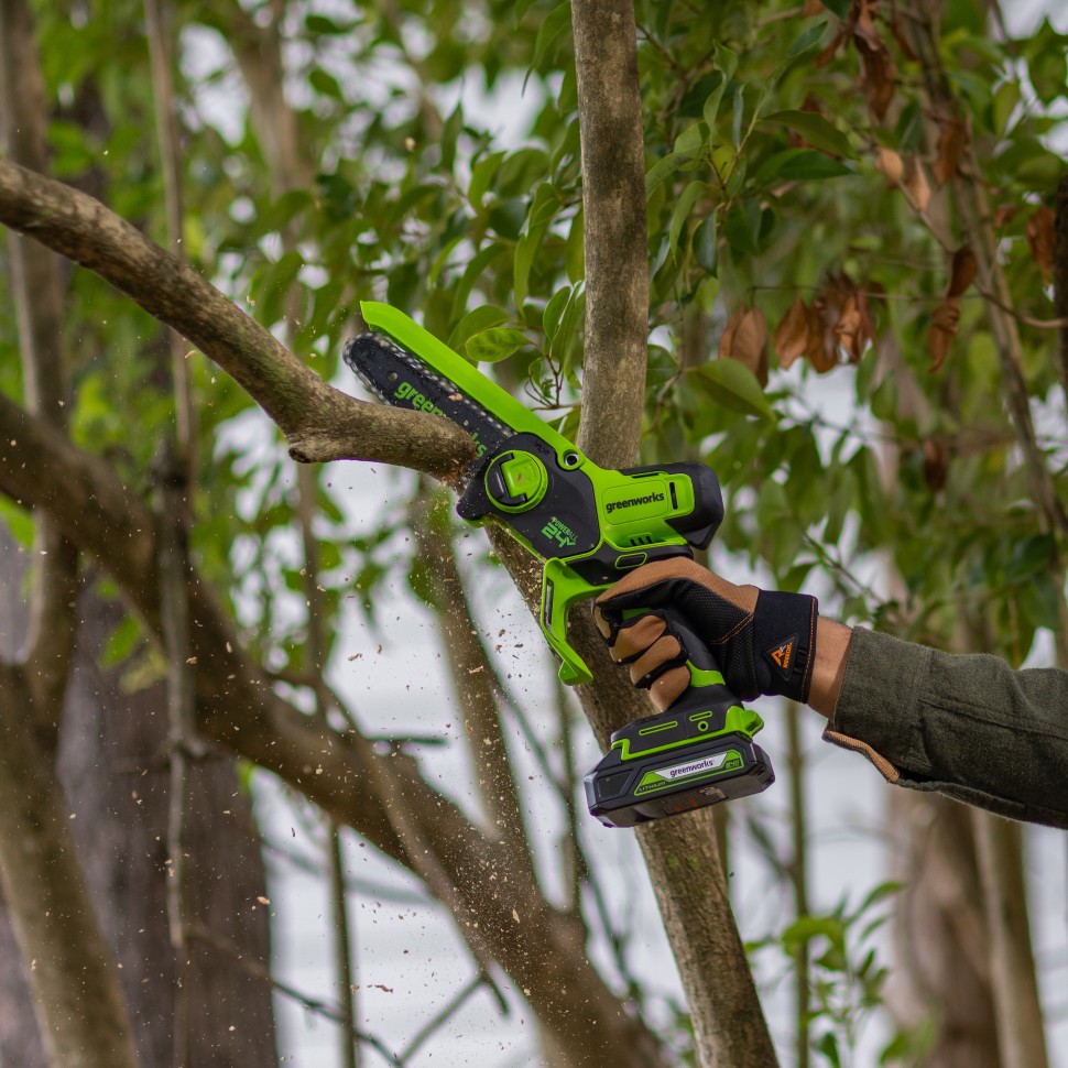 Цепная пила Greenworks GD24CSMNXk2, 24v, 15 см, в комплекте с АКБ 2 А·ч и ЗУ (аккумуляторная, мини)