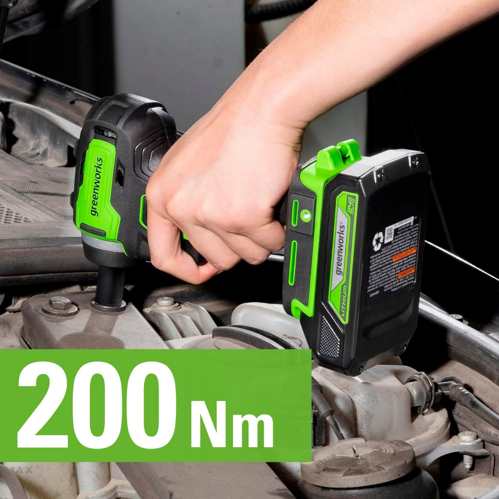 Гайковерт ударный акк. Greenworks G24IW200, 24V,б/щет, 3/8'', 200Нм, 1х4Ач,ЗУ,коробка