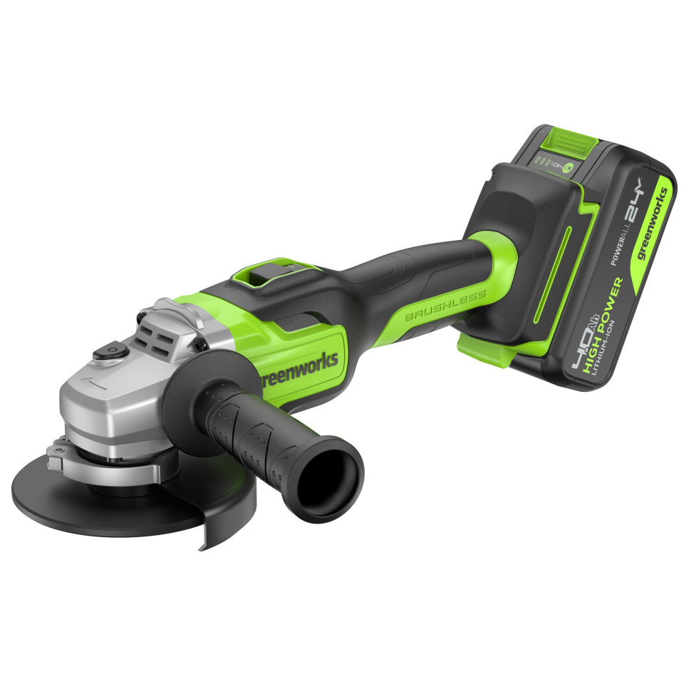 Угловая шлифовальная машина акк. Greenworks GD24AG, 24V, б/щет, 125 мм, 10500 об/мин,1x4Ач,быстрое ЗУ,коробка